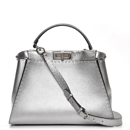 Fendi Cuoio Romano Lux Selleria Medium Peekaboo Iconic Satchel Argento 1 of 8