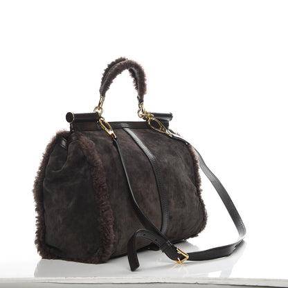 Dolce & Gabbana Suede Shearling Large Miss Sicily Satchel Brown 4 of 8