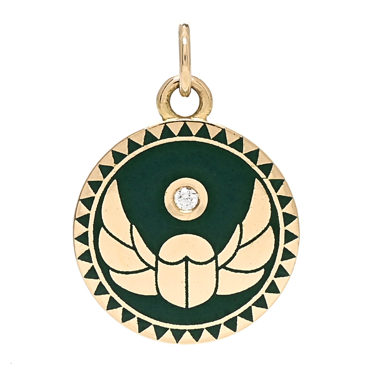 18K Yellow Gold Diamond Champleve Enamel Protection Medallion Pendant Green