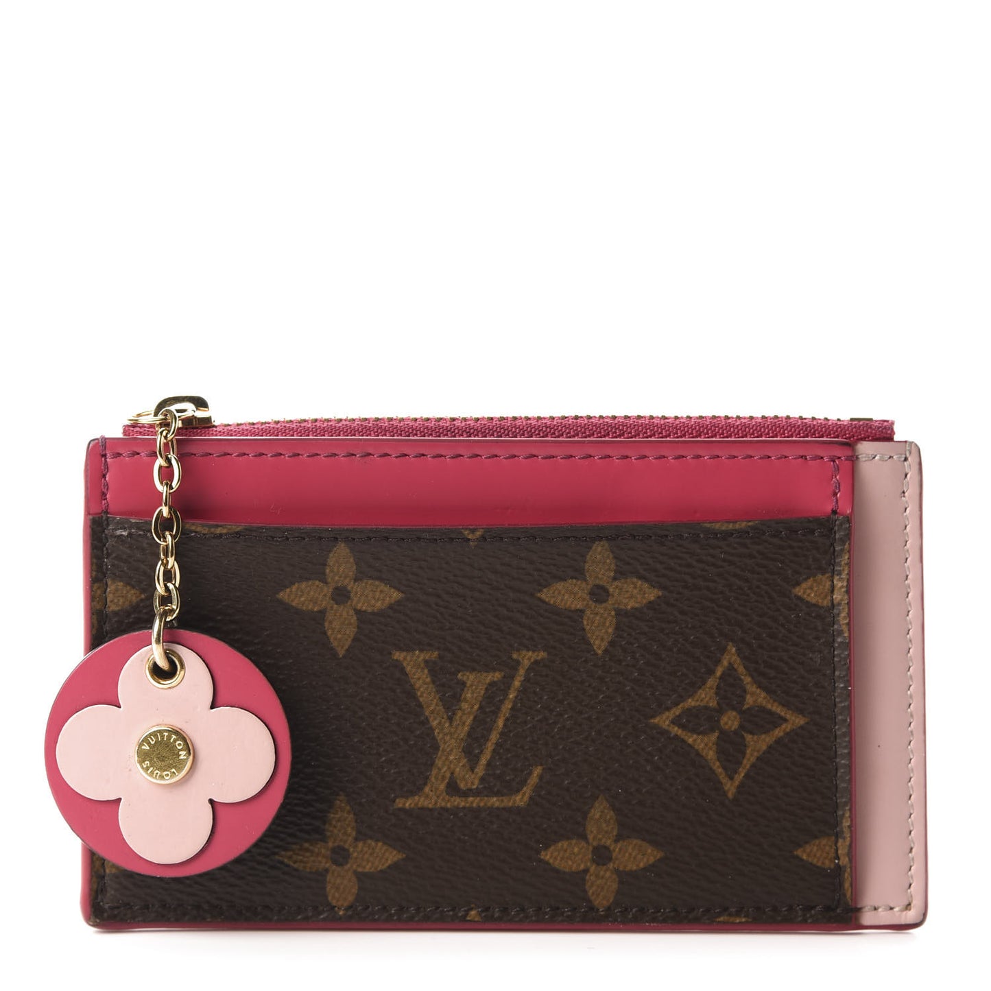 Monogram Blooming Flowers Zipped Card Holder Hot Pink Rose Ballerine