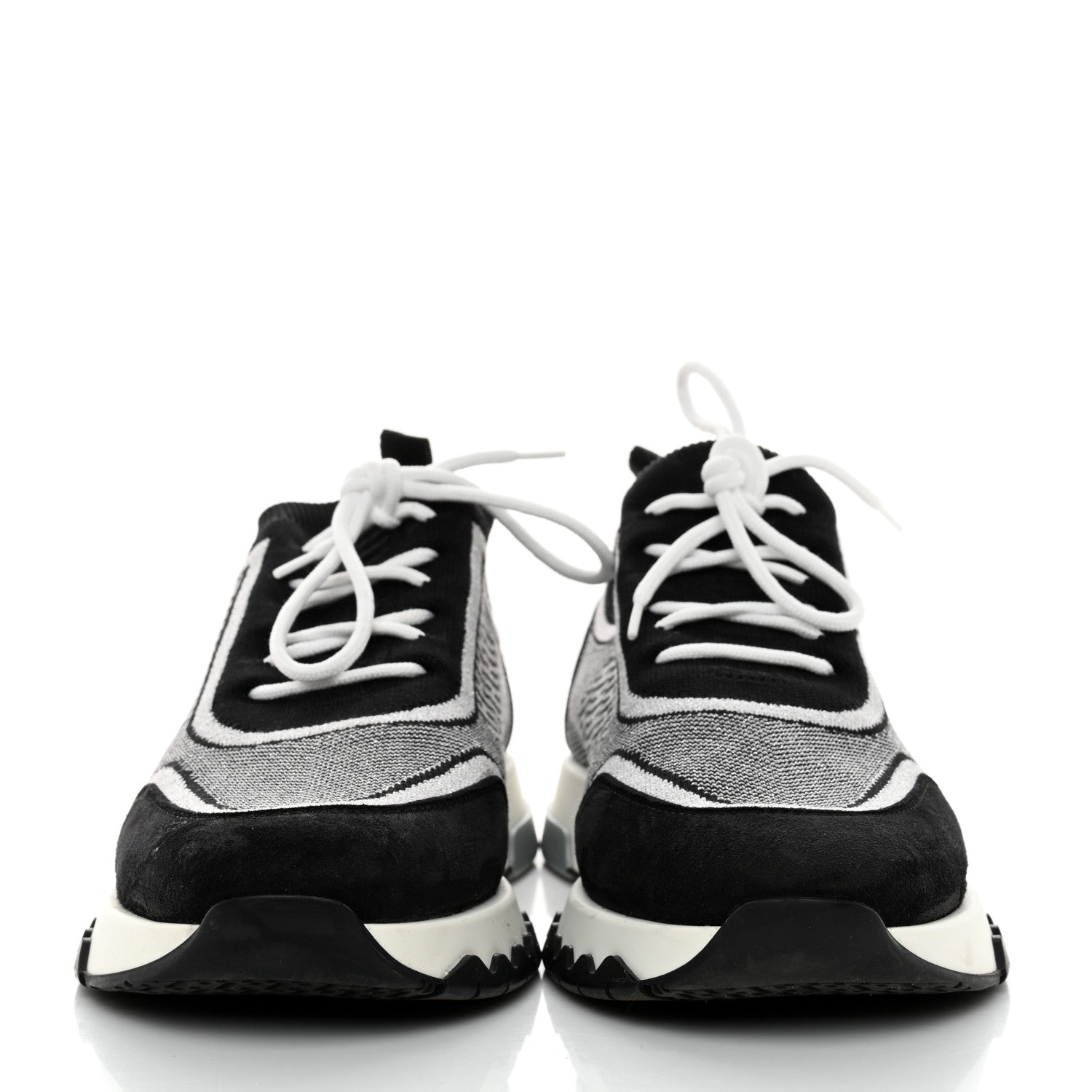 Hermes Knit Calfskin Suede Goatskin Bi-Color Womens Addict Sneakers 37.5 Black White 2 of 7