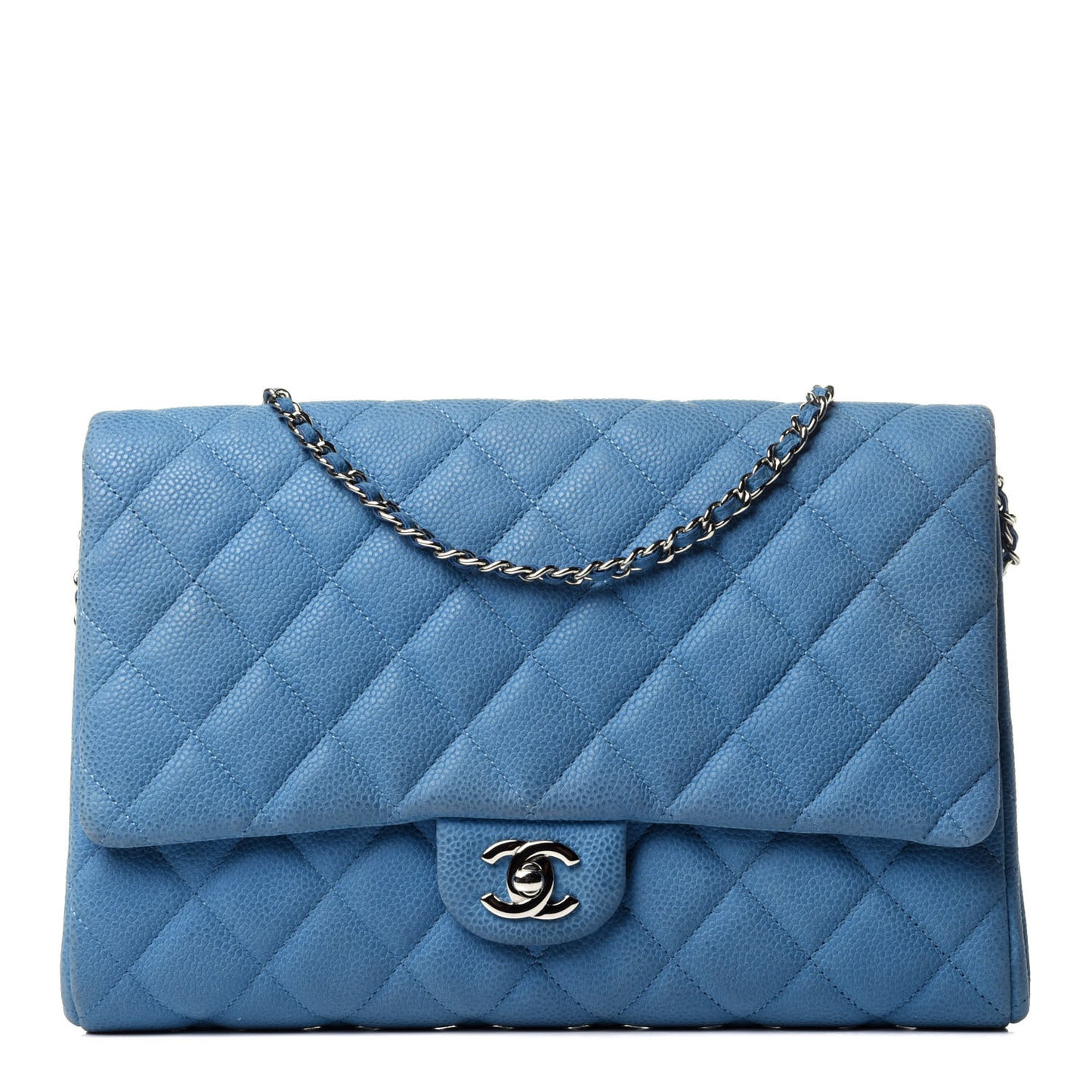 Iridescent Caviar Quilted Clutch With Chain Flap Blue