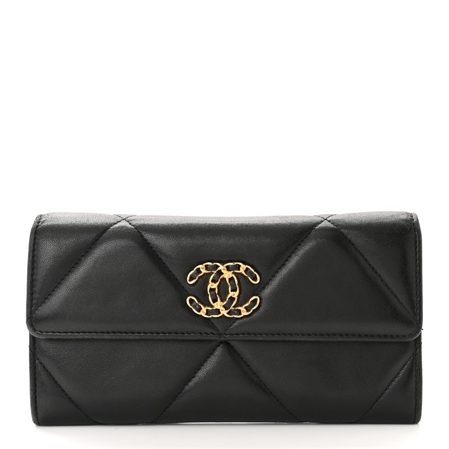 Shiny Goatskin Quilted Chanel 19 Flap Wallet Black