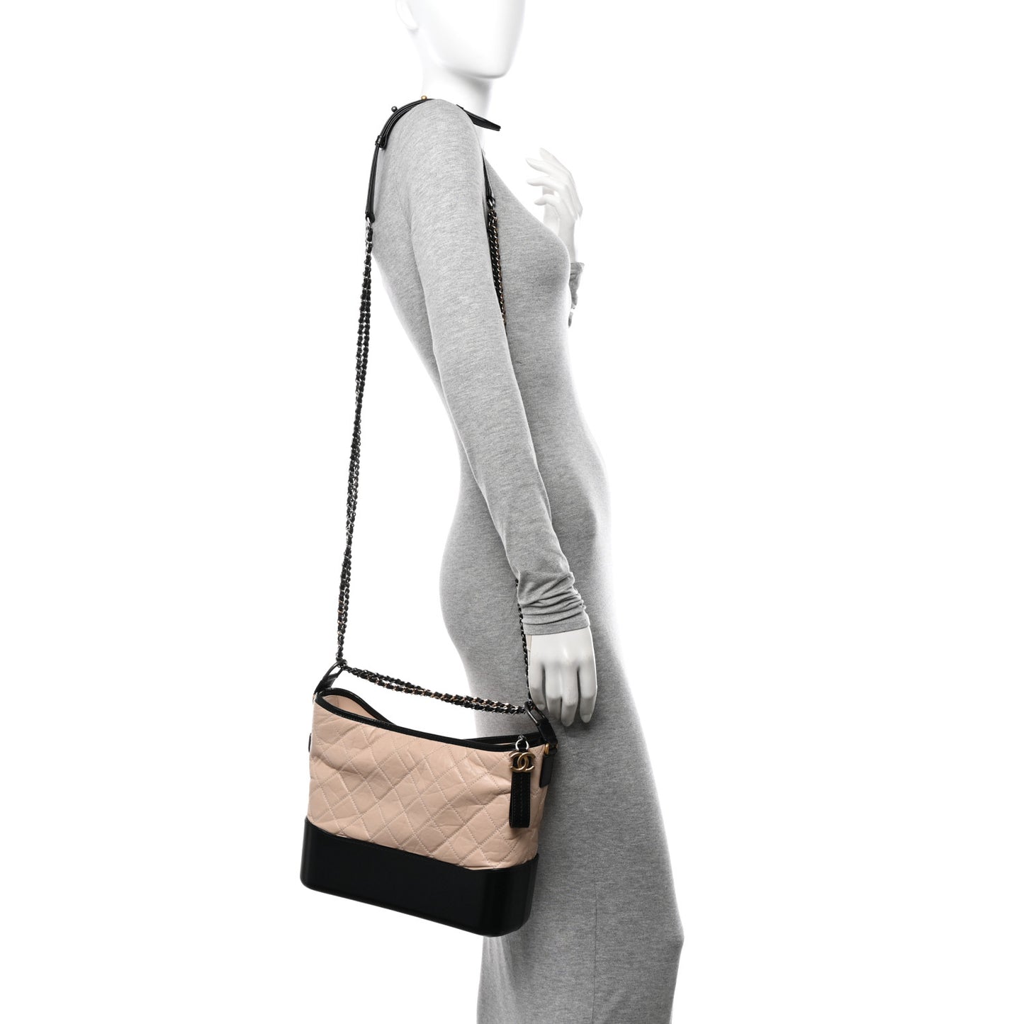 Aged Calfskin Quilted Medium Gabrielle Hobo Beige Black