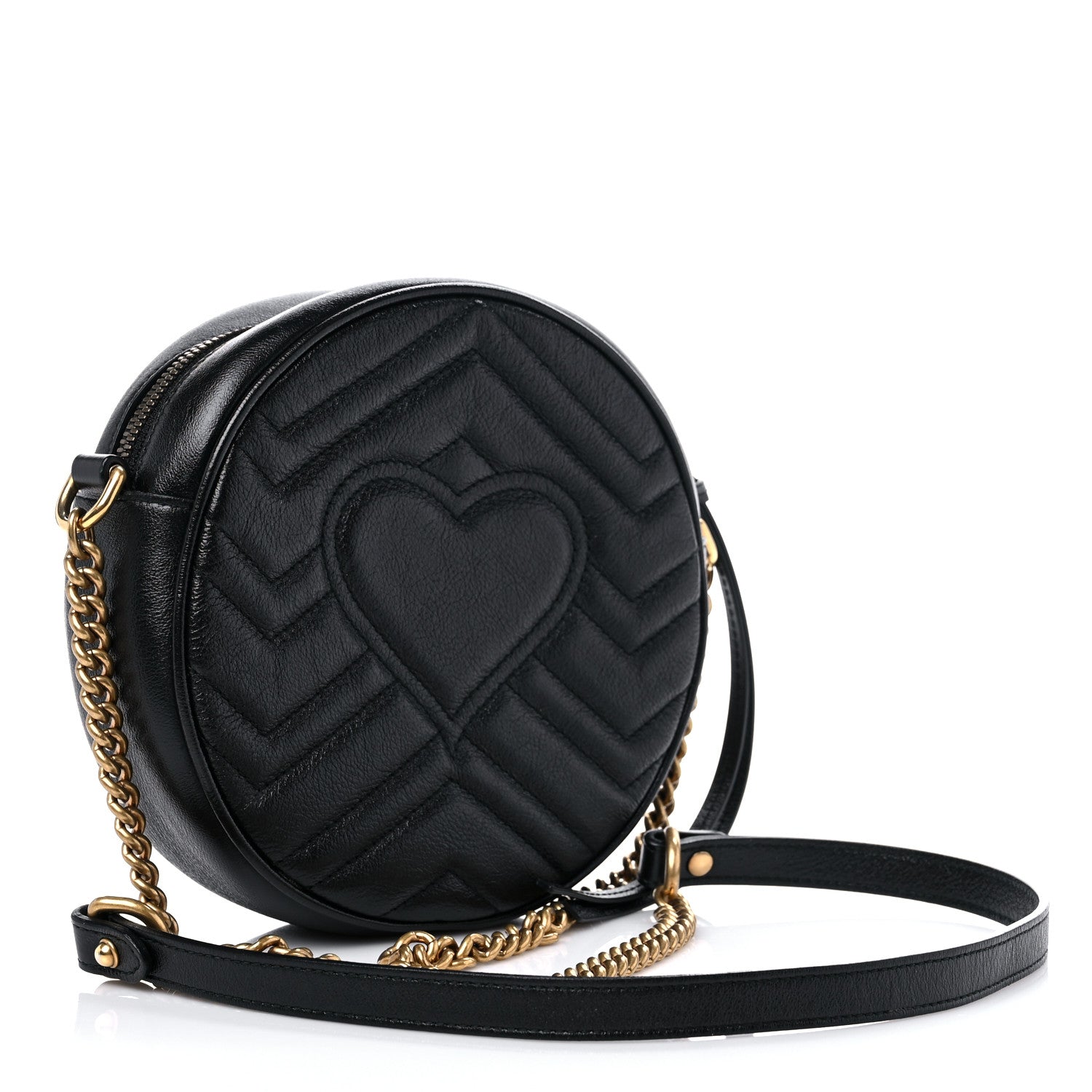 Gucci Azalea Calfskin Matelasse Heart Mini GG Marmont Round Shoulder Bag Black 2 of 9