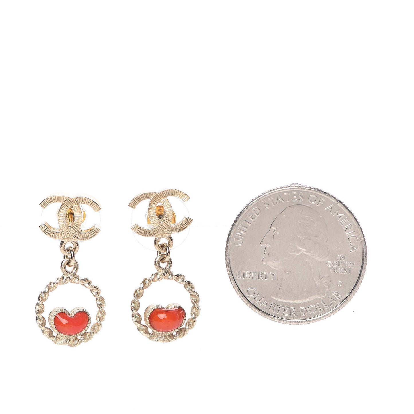 Enamel CC Heart Drop Earrings Red Gold