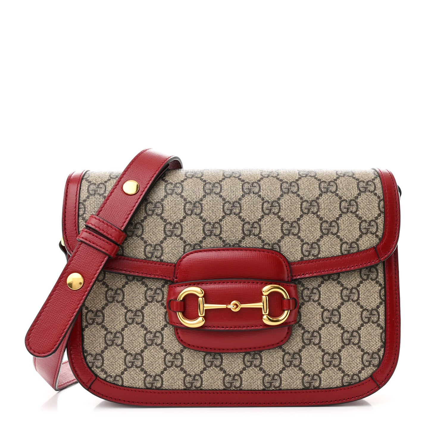 GG Supreme Monogram Azalea Calfskin Horsebit 1955 Shoulder Bag Beige Ebony New Cherry Red