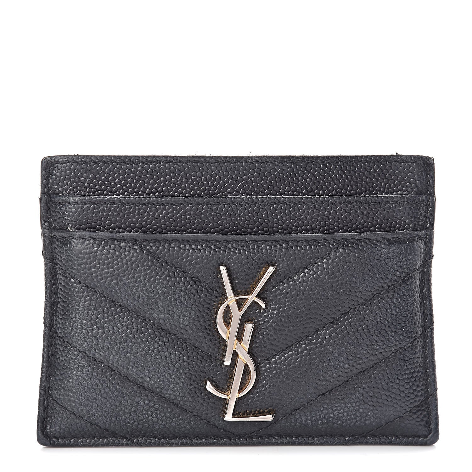 Saint Laurent Grain De Poudre Matelasse Chevron Monogram Credit Card Case Black 1 of 9