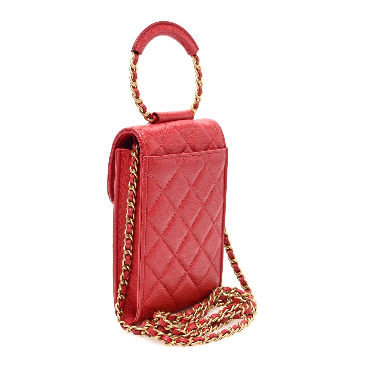 Caviar Quilted Chain Handle Round Phone Holder Red