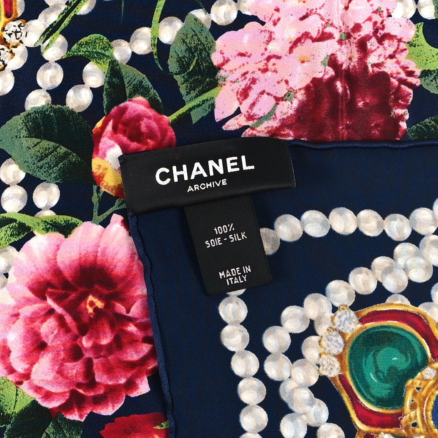 Silk CC Gripoix Pearl Flower Mini Bandana Navy Blue White Multicolor