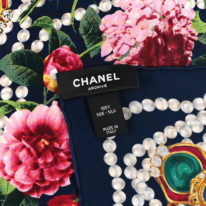Chanel Silk CC Gripoix Pearl Flower Mini Bandana Navy Blue White Multicolor 3 of 3