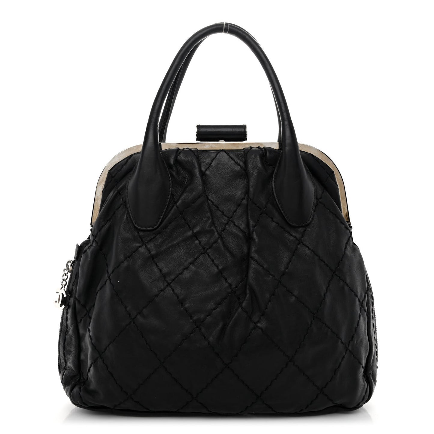 Calfskin Stitched Expandable Frame Bag Black