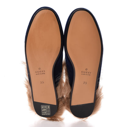 Gucci Velvet Fur Womens Princetown Slippers 35 Cobalt Blue 5 of 7
