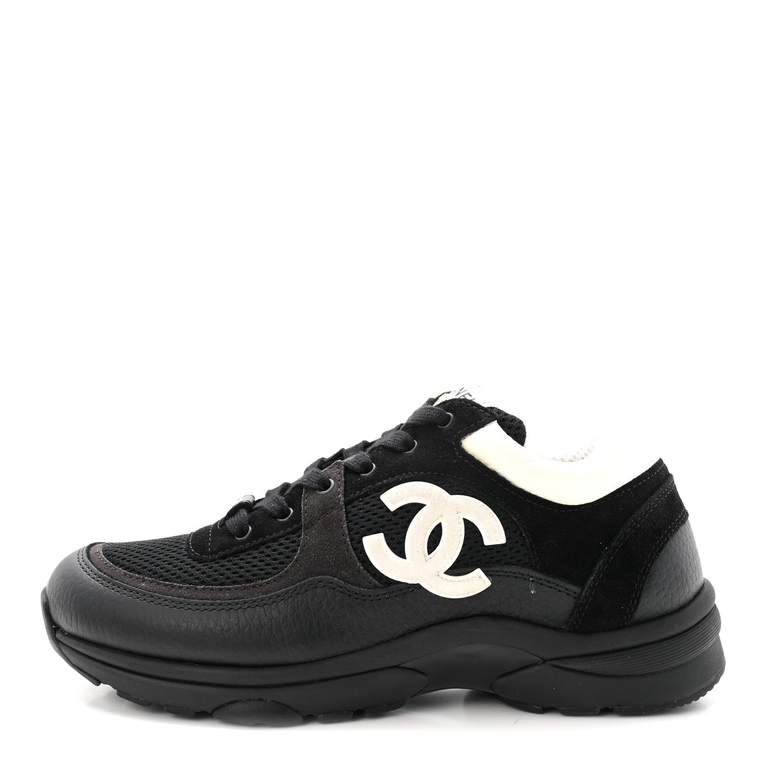 Chanel Mesh Suede Grained Calfskin Womens CC Sneakers 37.5 Black White 1 of 10