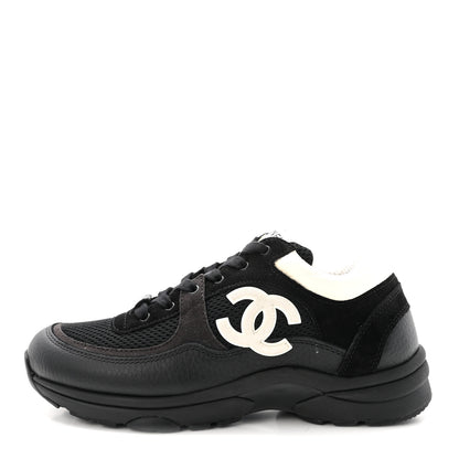 Chanel Mesh Suede Grained Calfskin Womens CC Sneakers 37.5 Black White 1 of 10