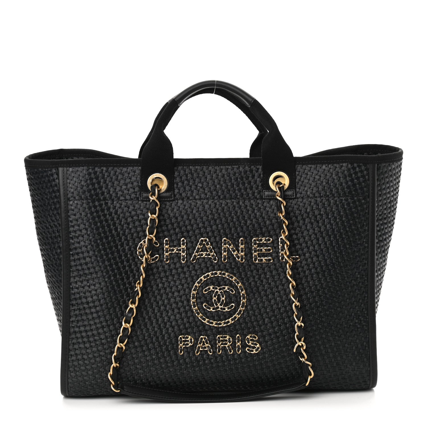 Chanel Straw Raffia Calfskin Chain Medium Deauville Tote Black 1 of 11