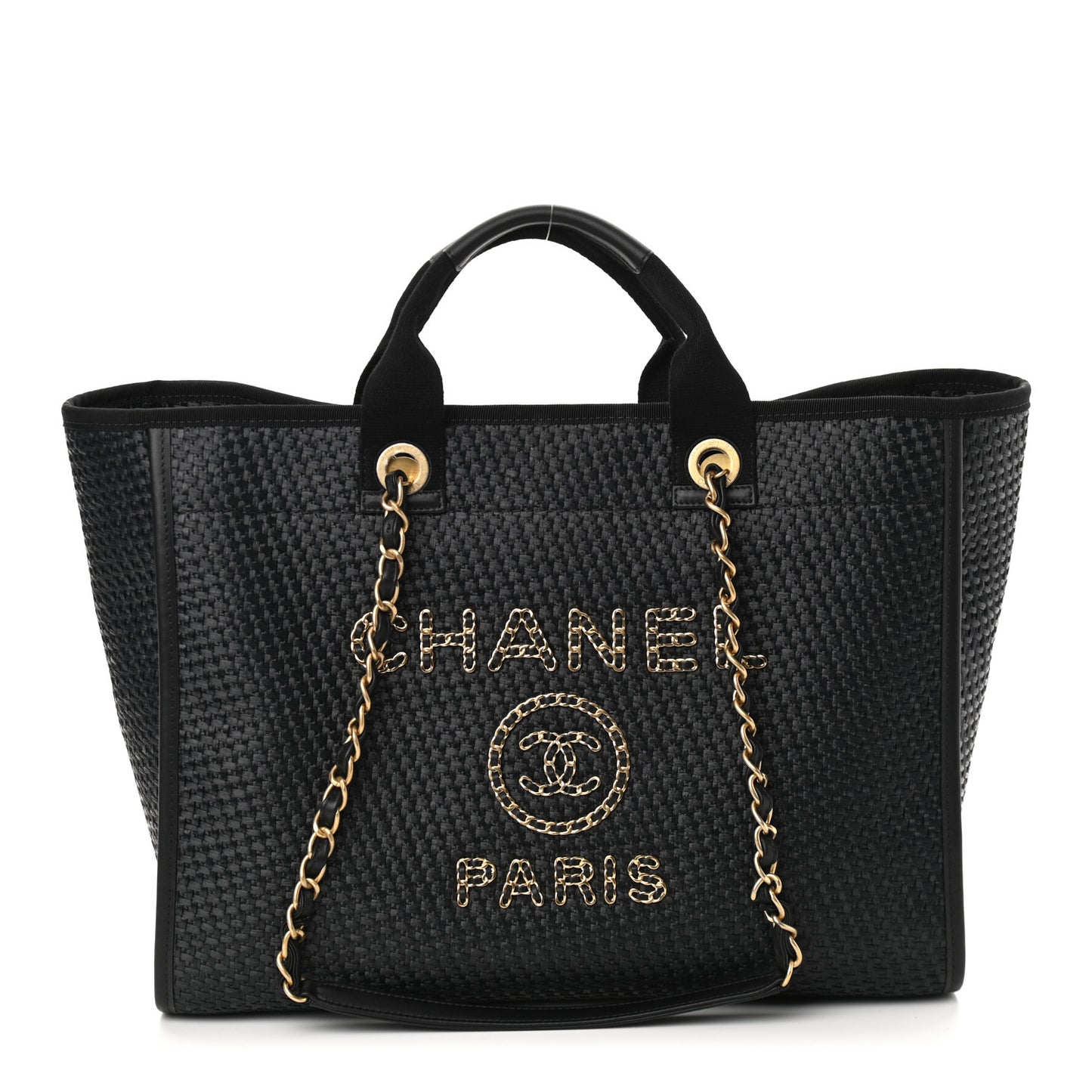 Straw Raffia Calfskin Chain Medium Deauville Tote Black