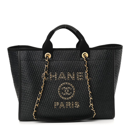 Chanel Straw Raffia Calfskin Chain Medium Deauville Tote Black 1 of 11