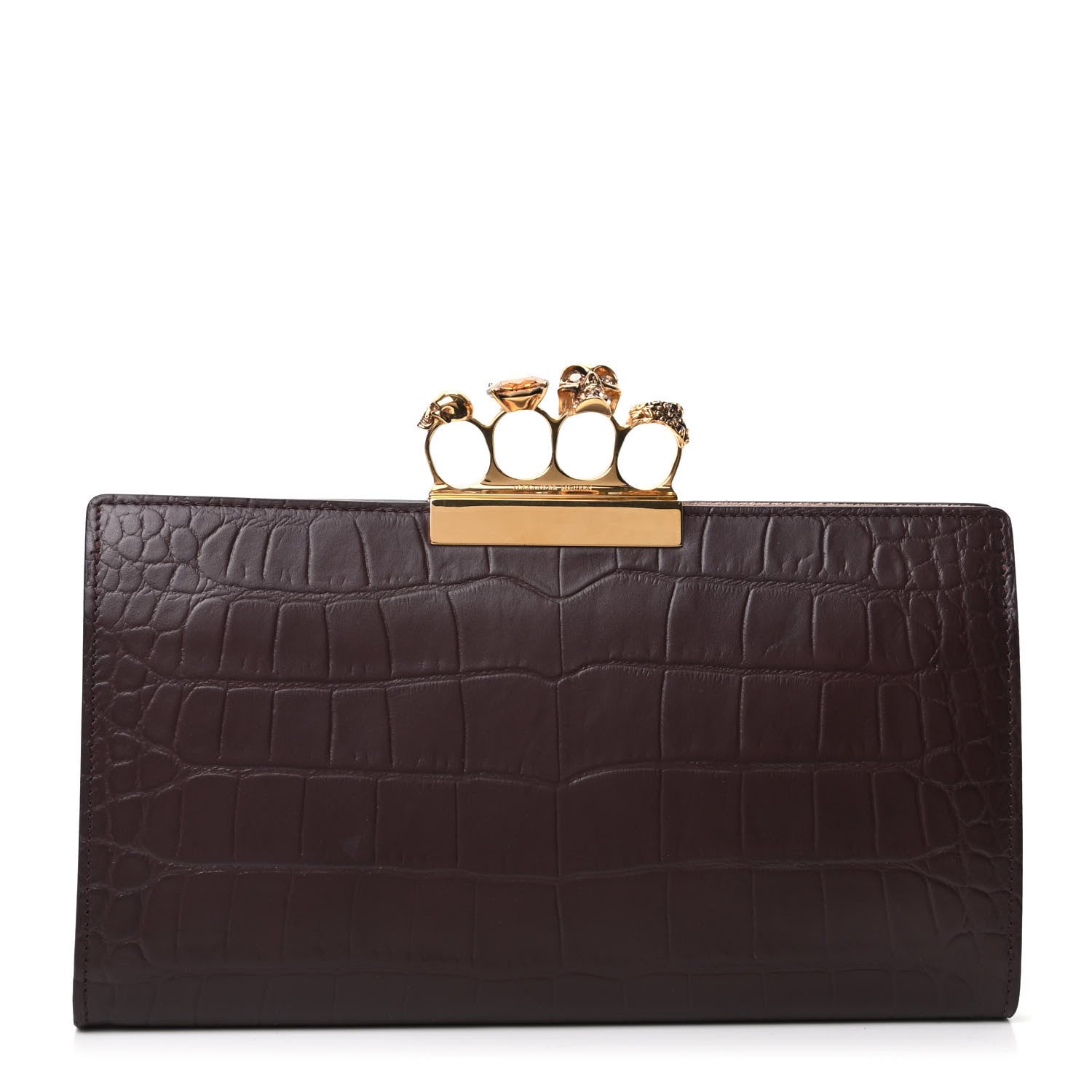 Alexander McQueen Calfskin Crocodile Embossed Knuckle Flat Clutch Burgundy 1 of 8