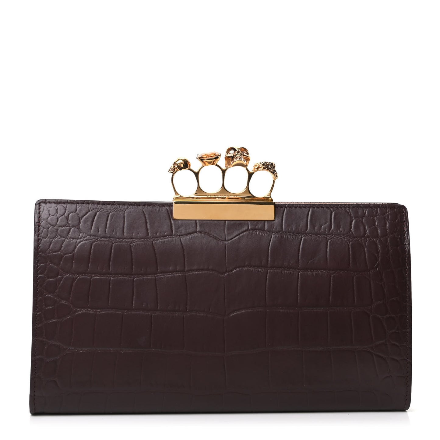 Calfskin Crocodile Embossed Knuckle Flat Clutch Burgundy