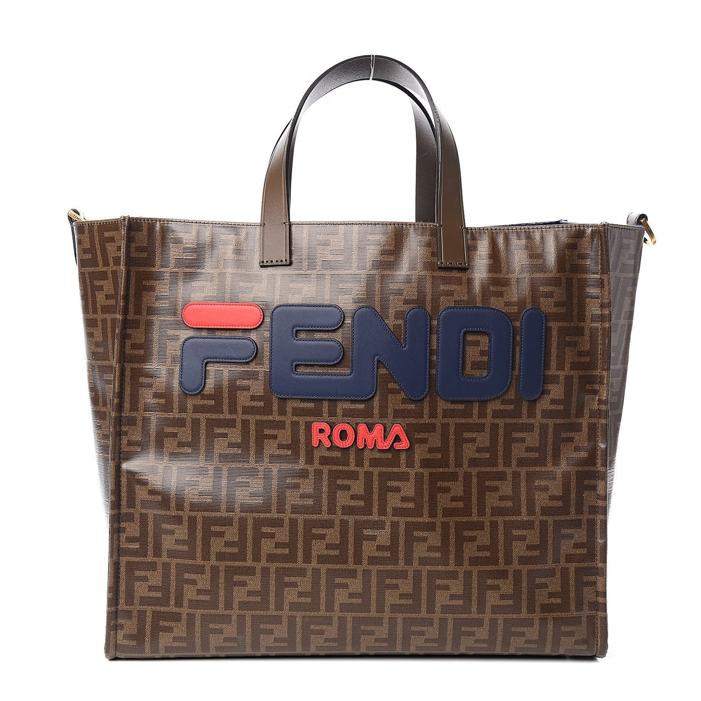 X FILA Glazed Fabric FF 1974 Mania Shopping Tote Bag Mogano Panna Blueberry