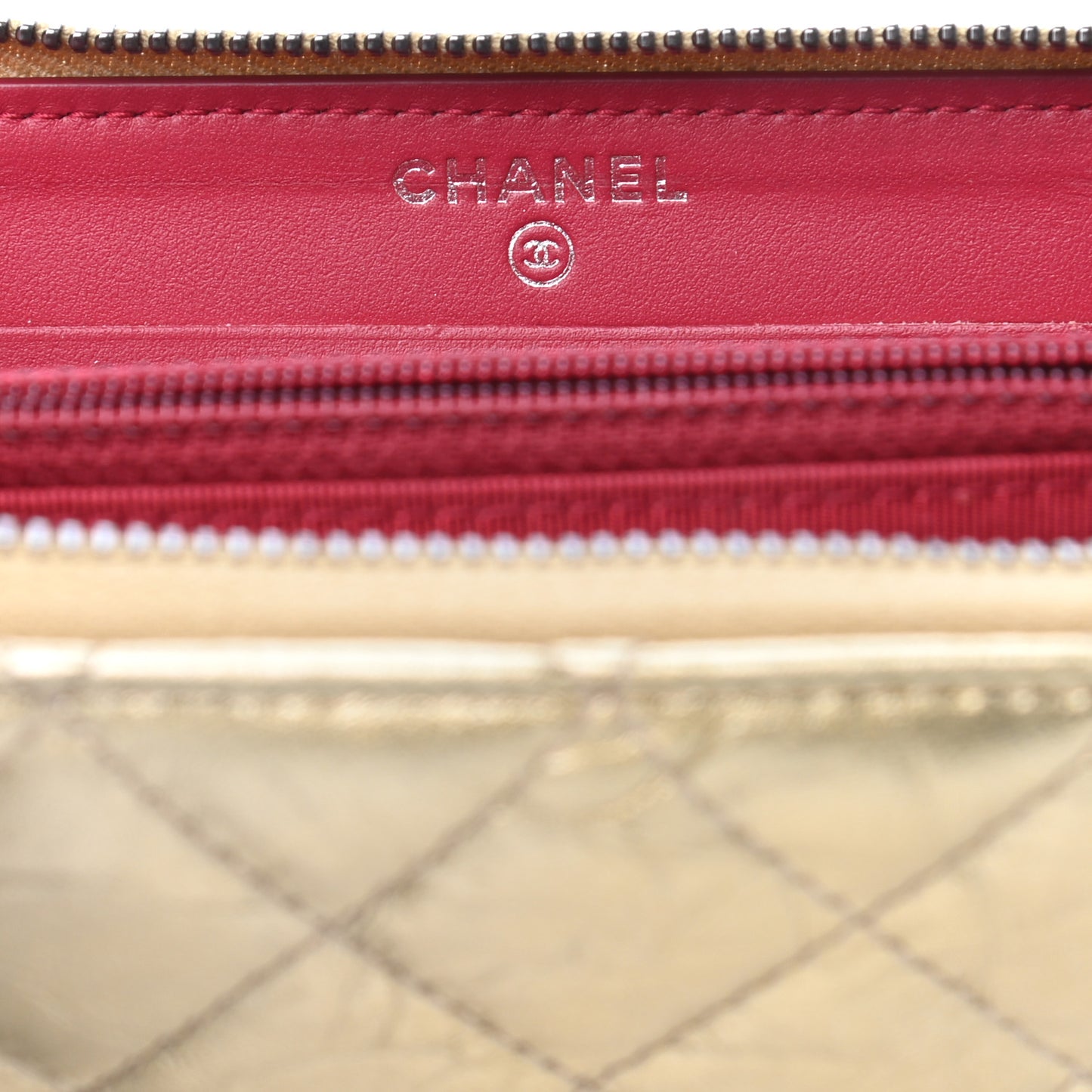 Metallic Aged Calfskin Quilted Small Gabrielle Zip Around Wallet Gold