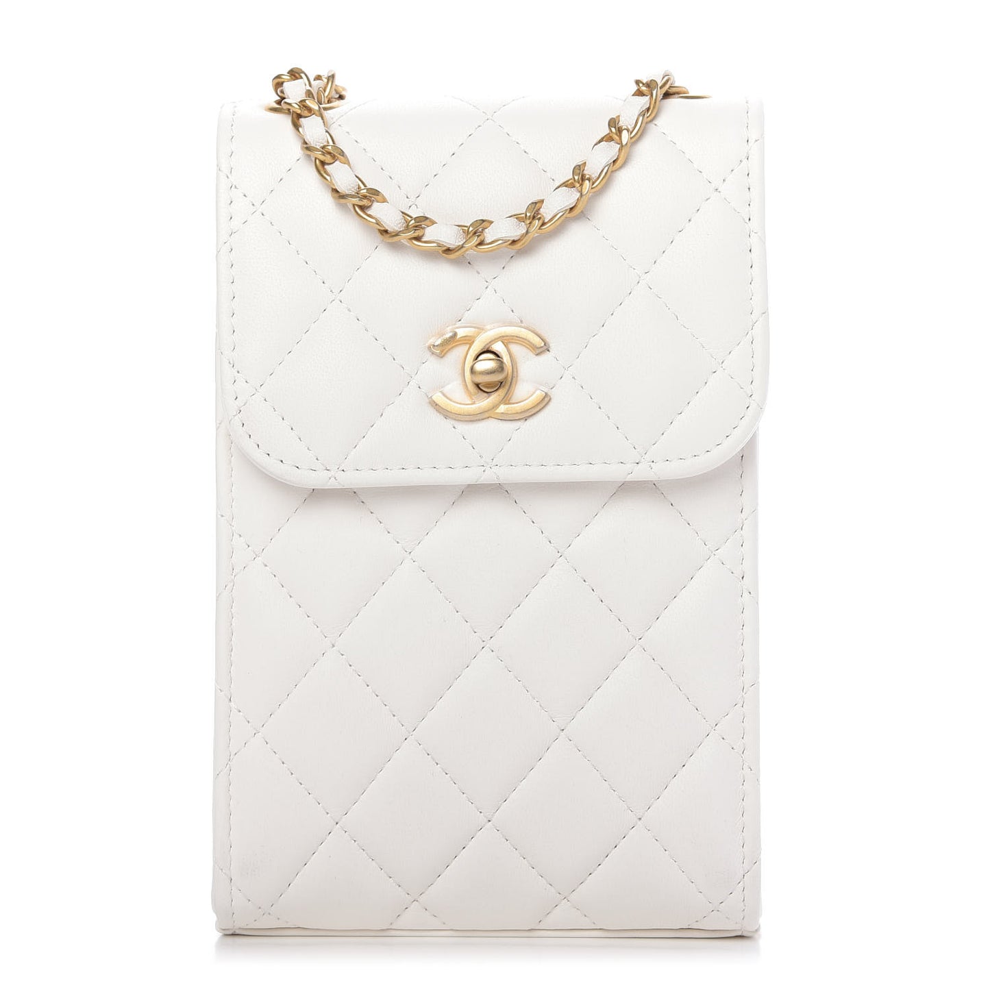 Lambskin Quilted Pearl Crush Phone Holder With Chain White