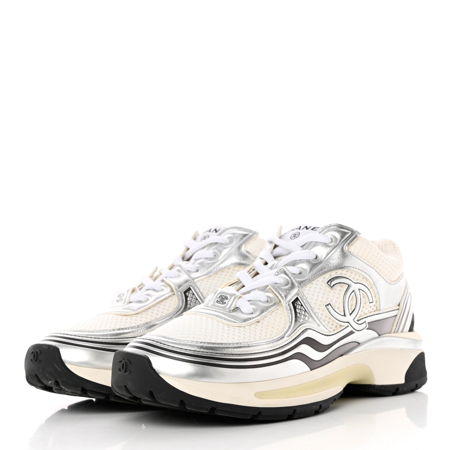 Fabric Laminated Calfskin Stretch CC Sneakers 37 White Silver