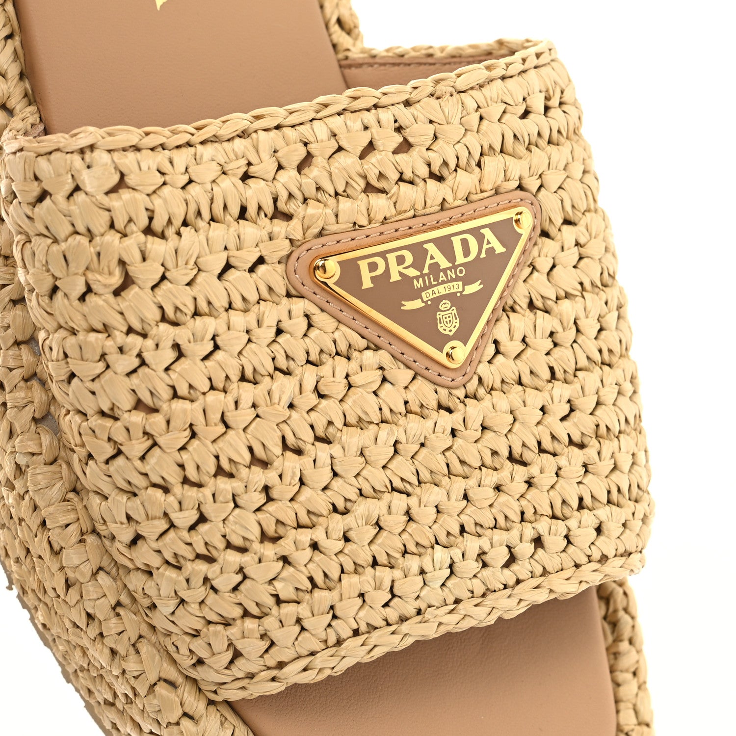 Prada Raffia Metal Triangle Logo Woven Flatform 35mm Slide Sandals 37 Naturale 9 of 10