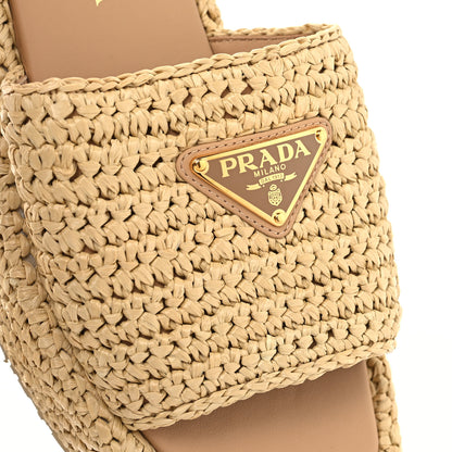 Prada Raffia Metal Triangle Logo Woven Flatform 35mm Slide Sandals 37 Naturale 9 of 10