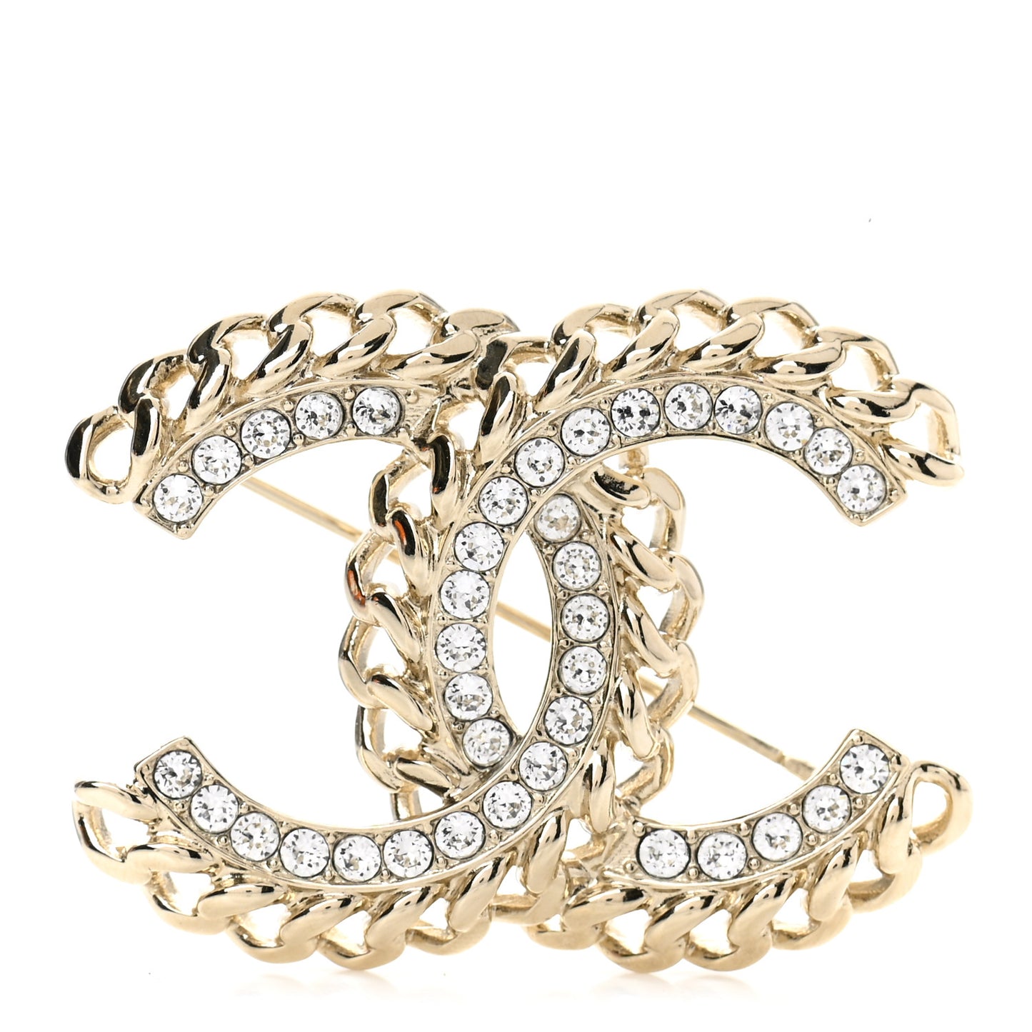 Crystal Chain CC Brooch Gold