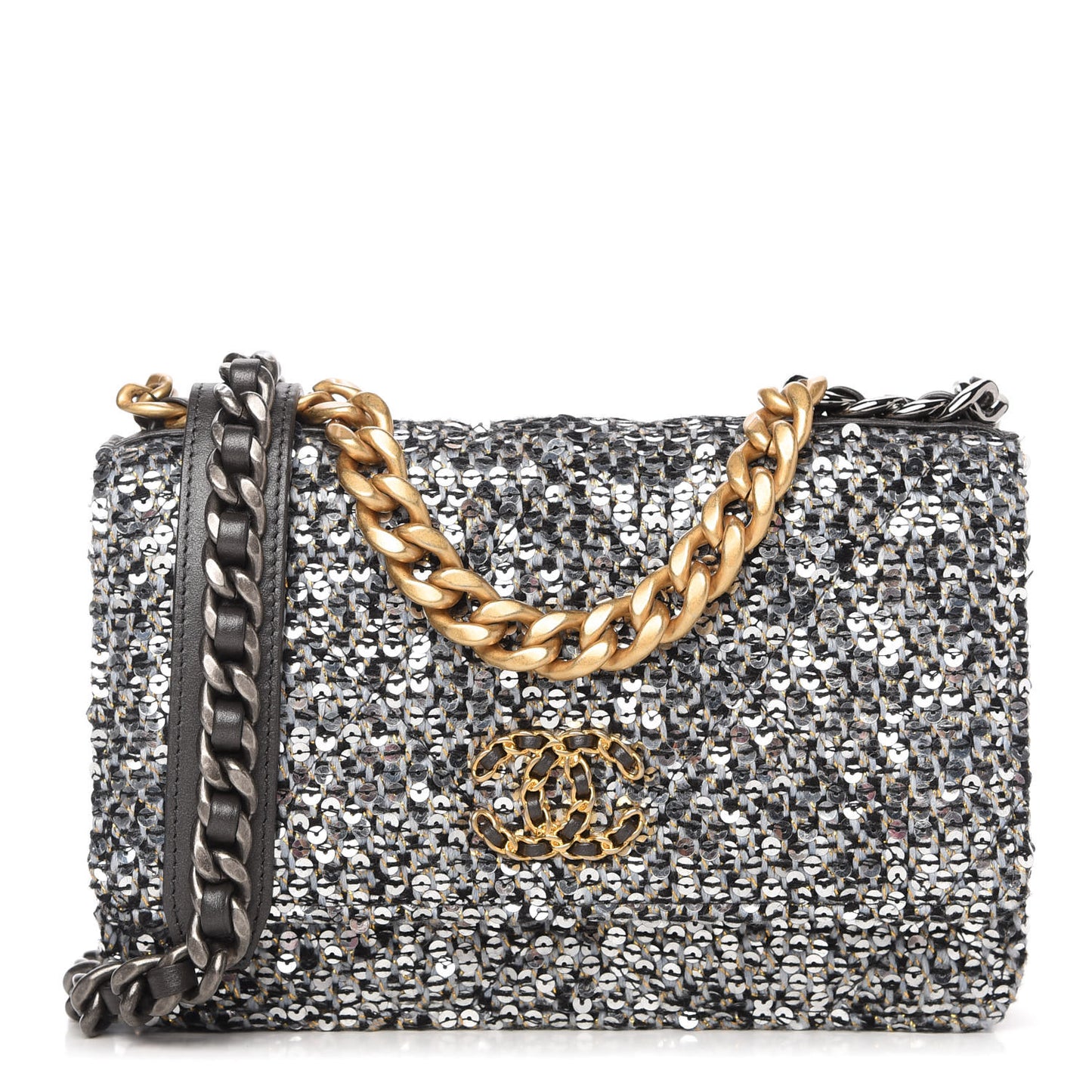 Sequin Quilted Chanel 19 Wallet On Chain WOC Silver