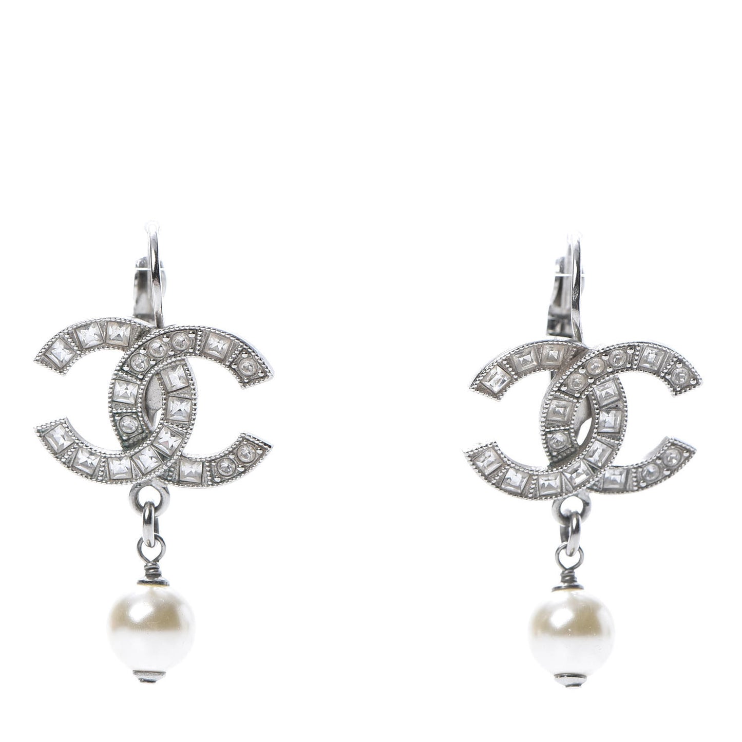Baguette Crystal Pearl CC Drop Earrings Silver