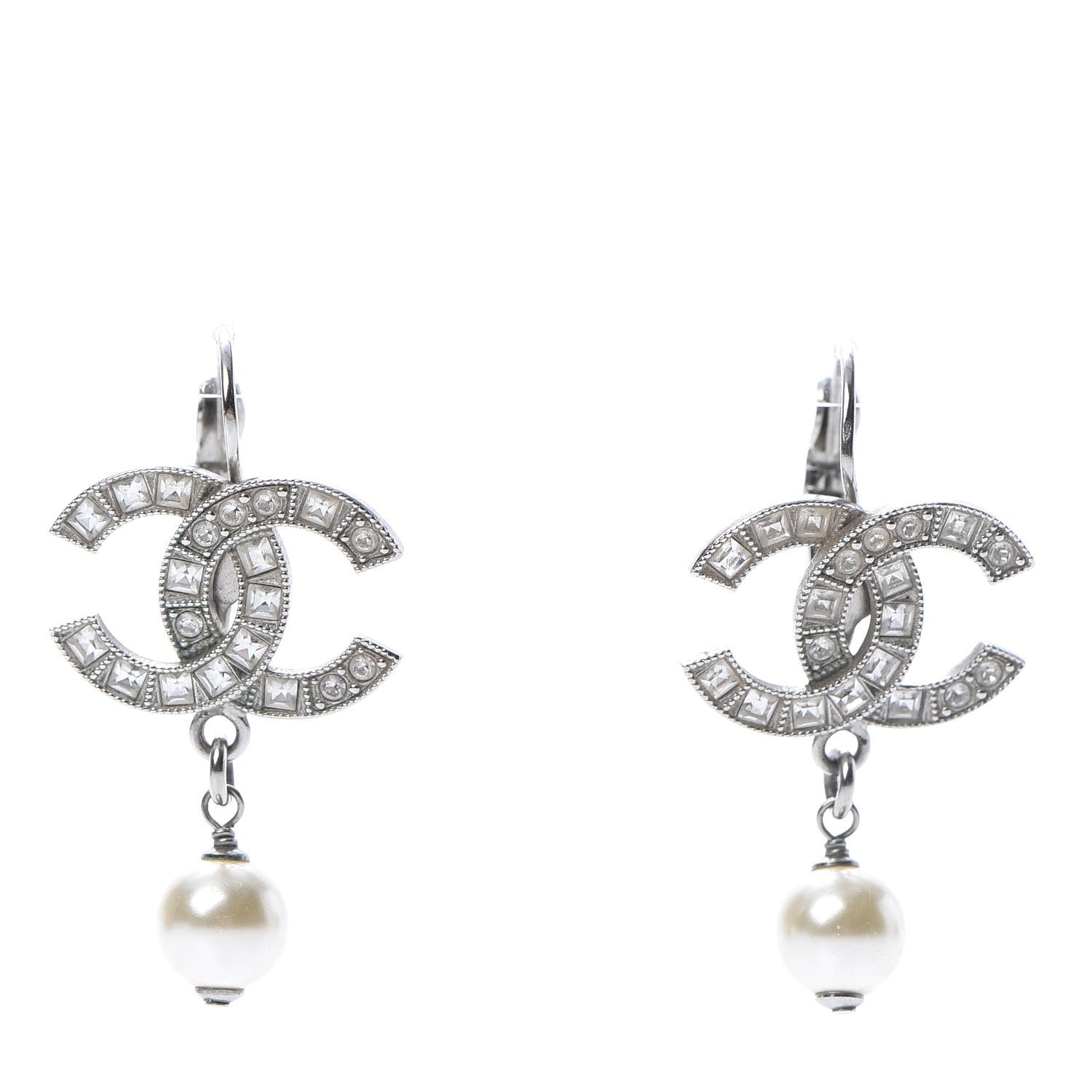 Chanel Baguette Crystal Pearl CC Drop Earrings Silver 1 of 4