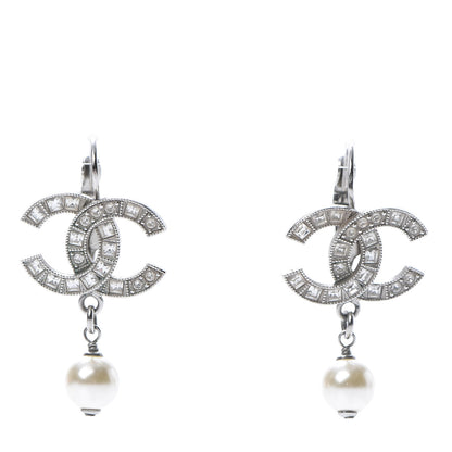 Chanel Baguette Crystal Pearl CC Drop Earrings Silver 1 of 4