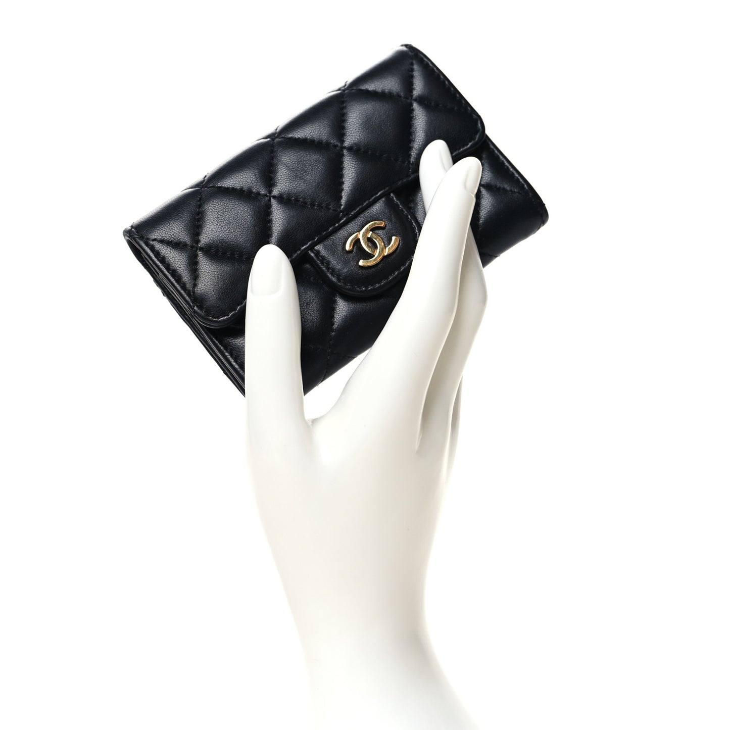 Lambskin Quilted Flap Card Holder Wallet Black