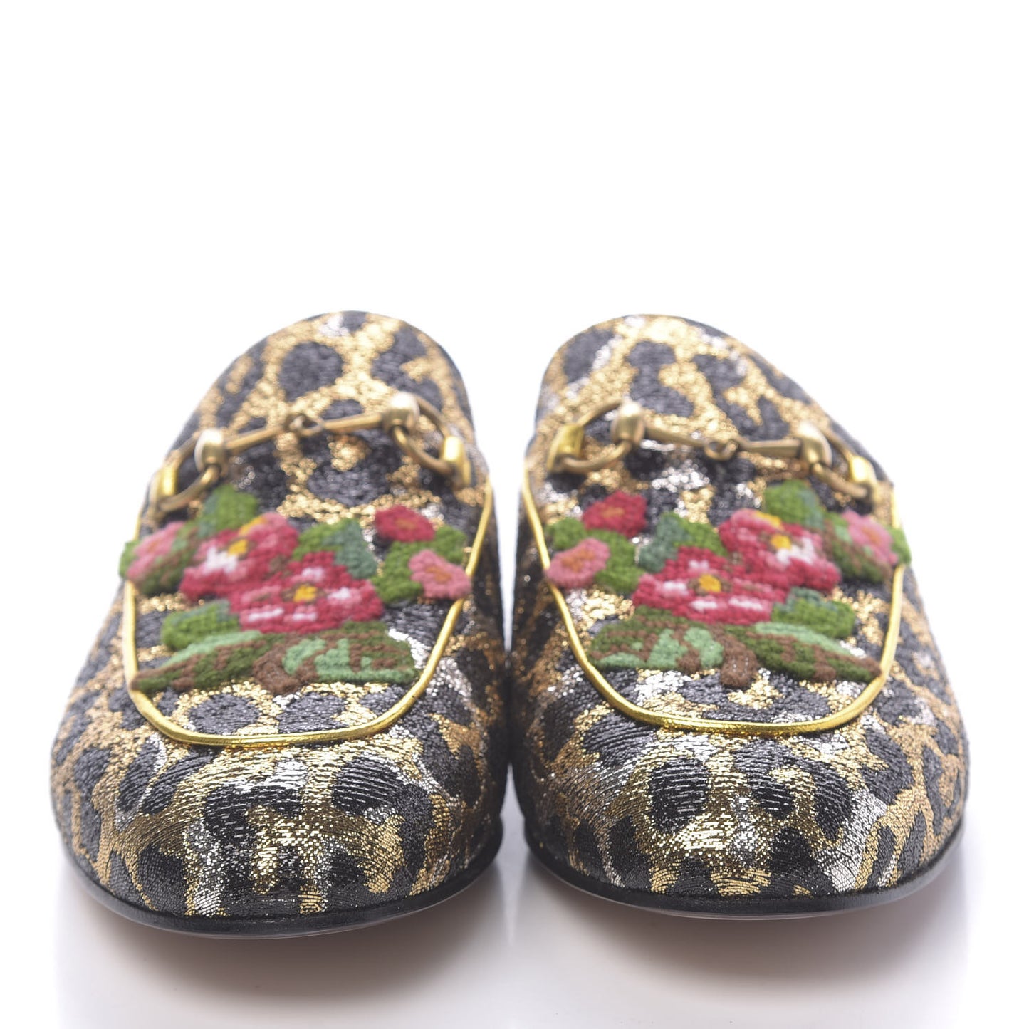 Lurex Jacquard Leopard Embroidered Princetown Slippers 40 Black Gold