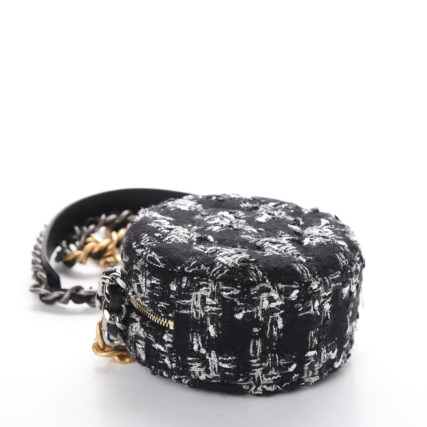 Tweed Quilted 19 Round Clutch With Chain Black White