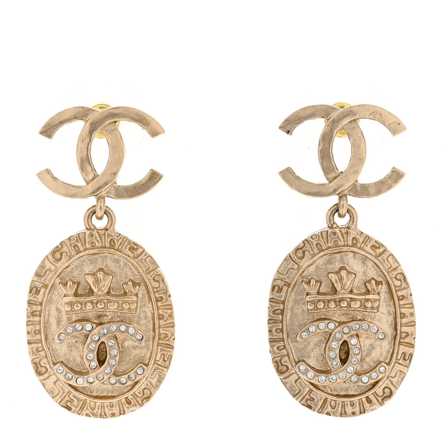 Crystal CC Medallion Drop Earrings Gold
