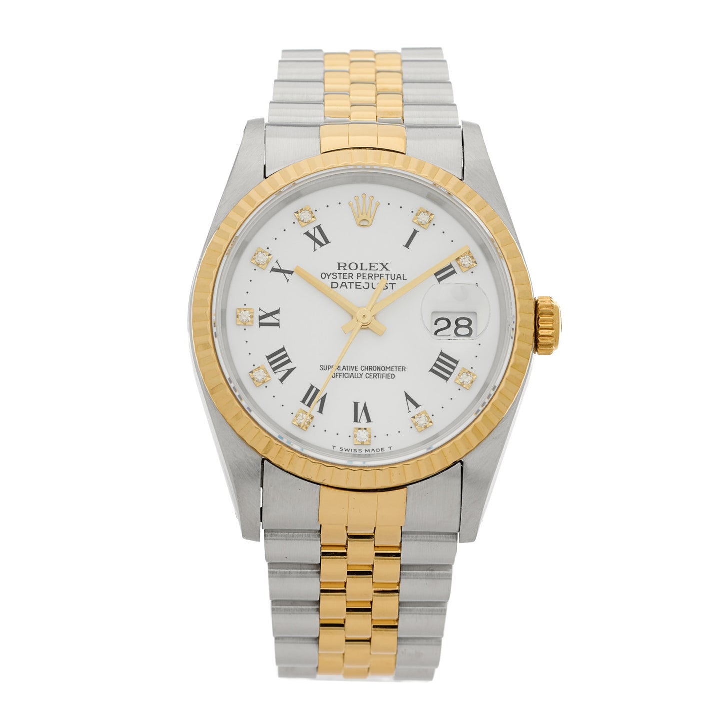 Stainless Steel 18K Yellow Gold Diamond 36mm Oyster Perpetual Datejust Watch White Roman 16233