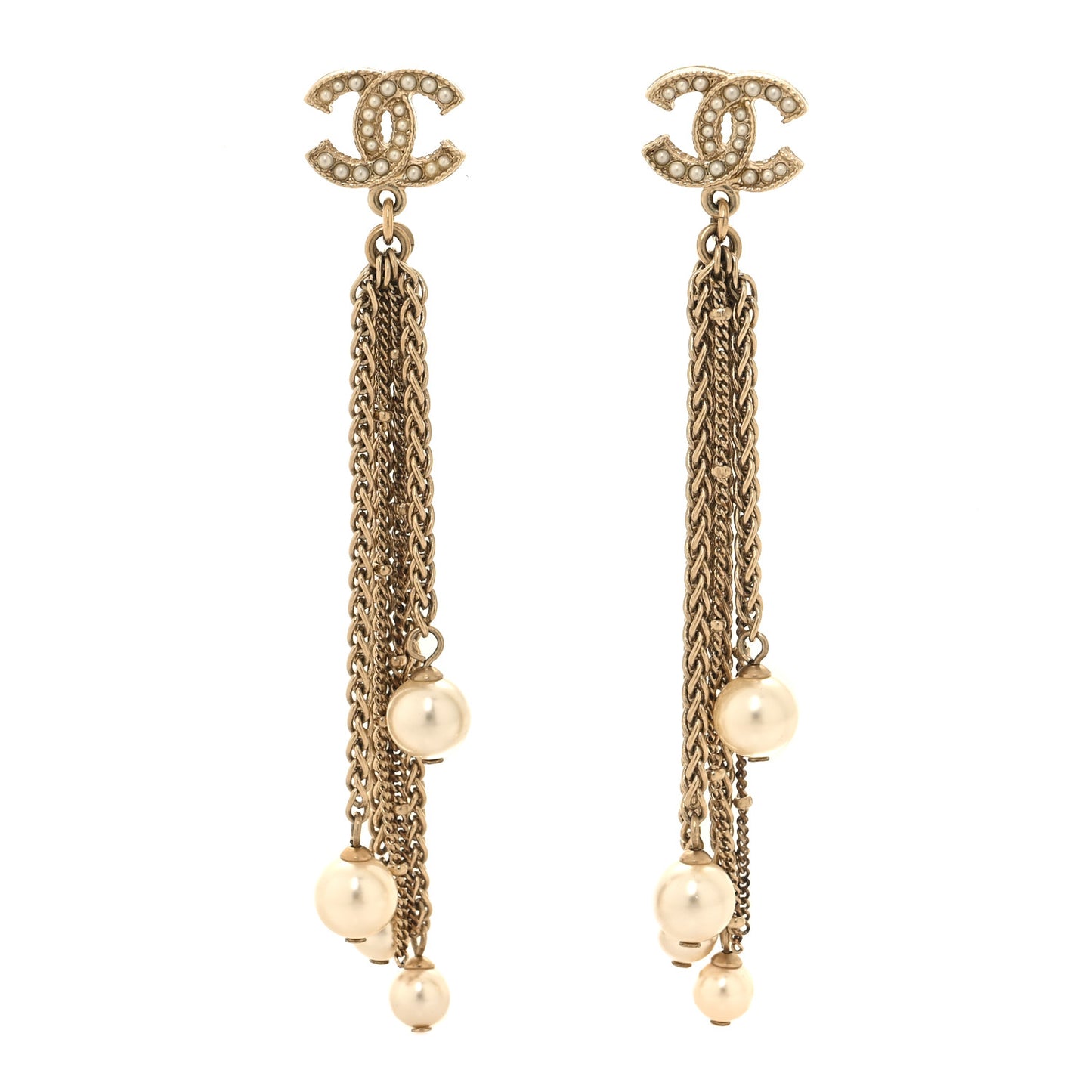 Pearl Chain CC Dangle Earrings Gold
