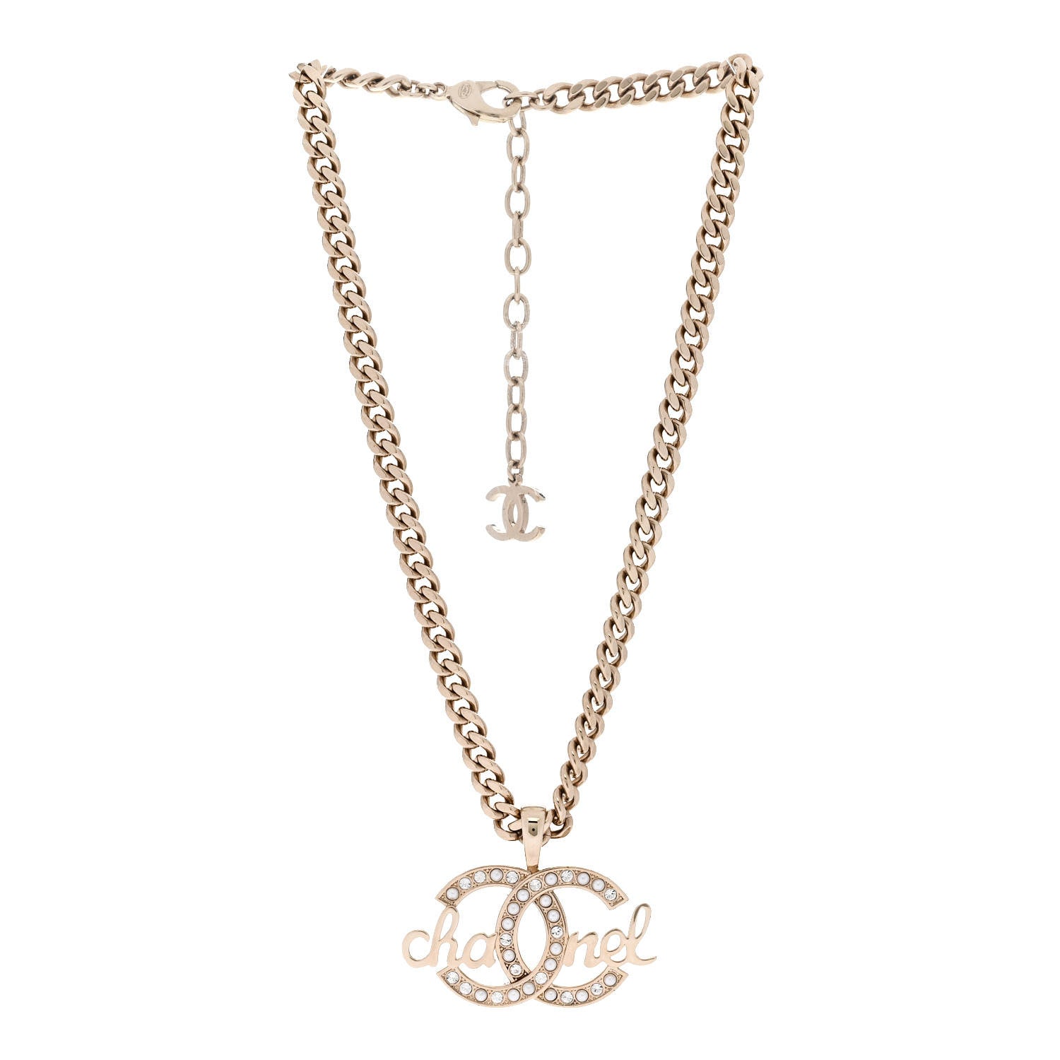 Chanel Metal Crystal Pearl Logo Chain Link CC Necklace Gold 3 of 6