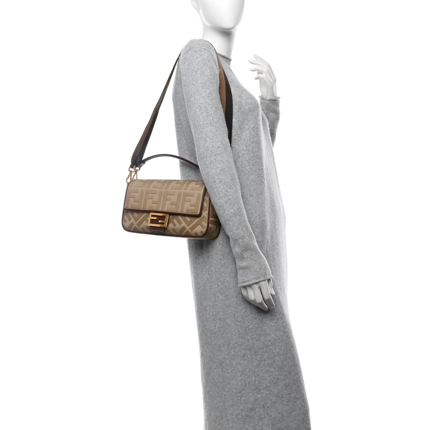 Fendi Canvas Vitello King FF Embroidered Baguette Sand Ghianda 2 of 9
