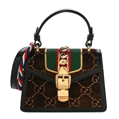 Gucci Velvet GG Monogram Web Mini Sylvie Top Handle Bag Brown Black Oro Vecchio 1 of 11