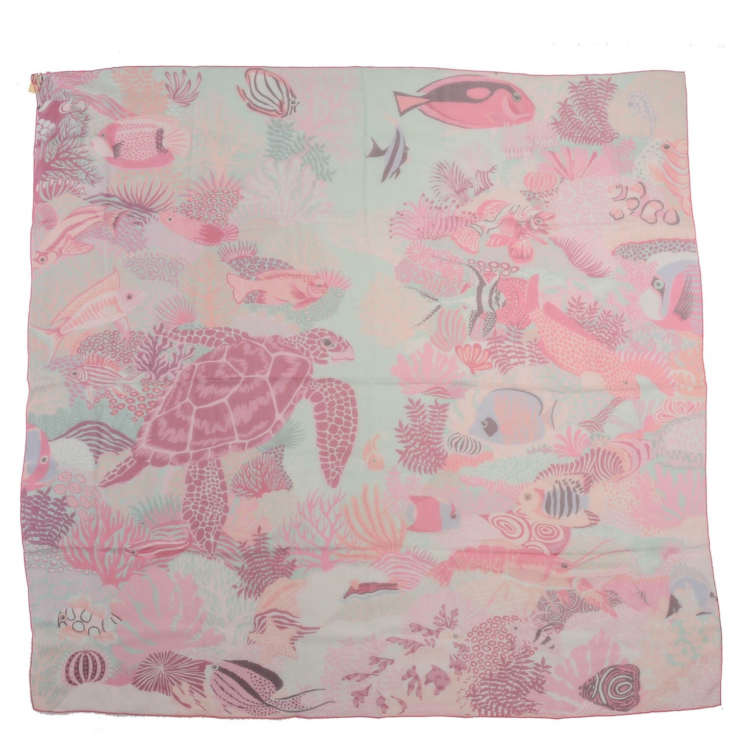 Silk Mousseline Under The Waves Shawl 140 Vert D Eau Vieux Rose Corail