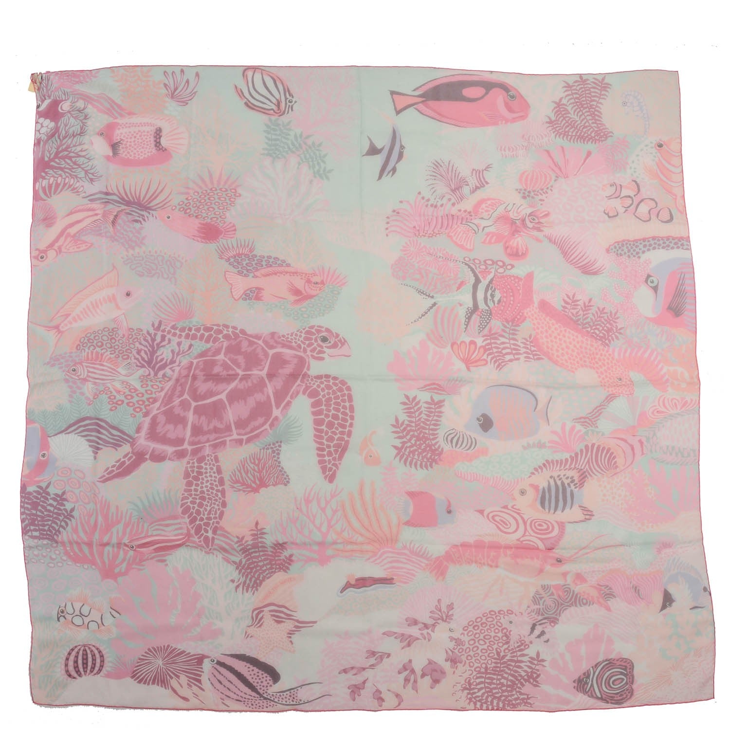 Hermes Silk Mousseline Under The Waves Shawl 140 Vert D Eau Vieux Rose Corail 2 of 3