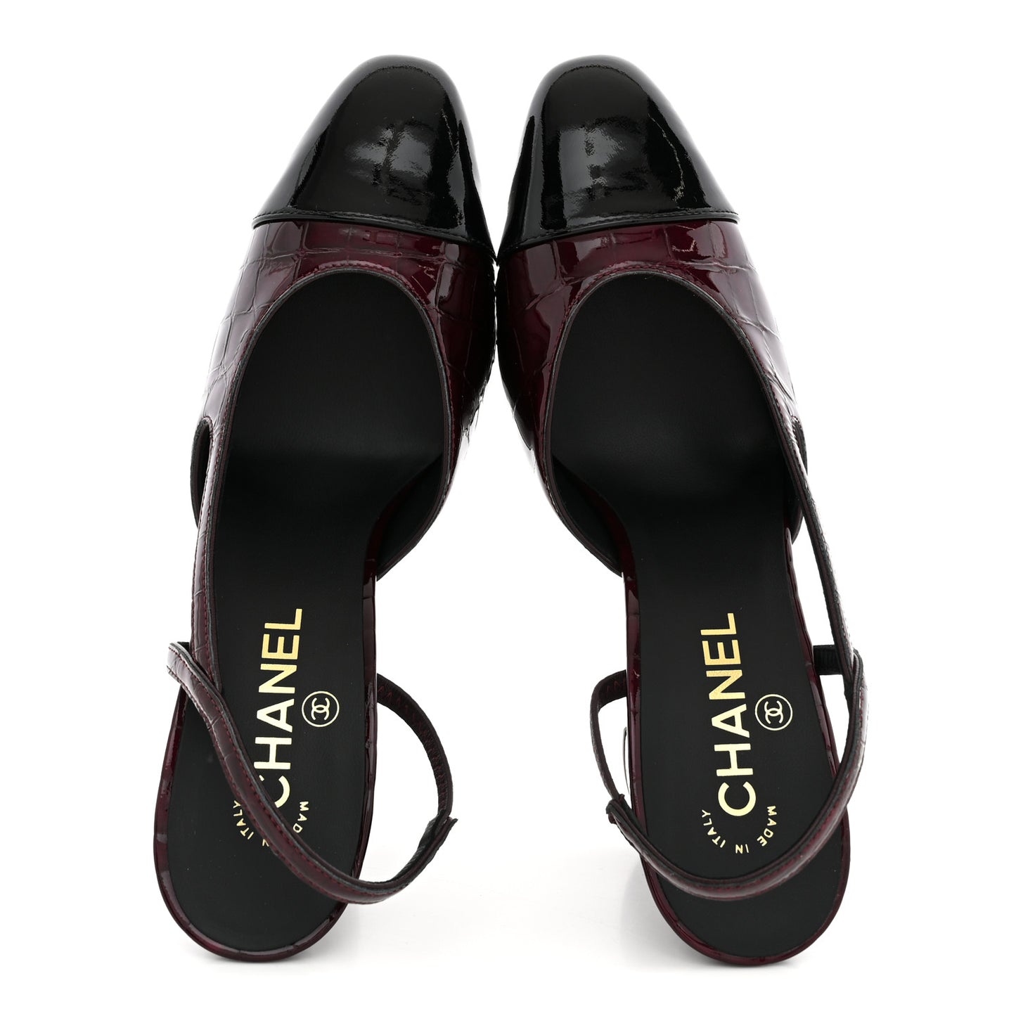Patent Calfskin Crocodile Embossed Cap Toe CC Slingback 38 Dark Burgundy Black