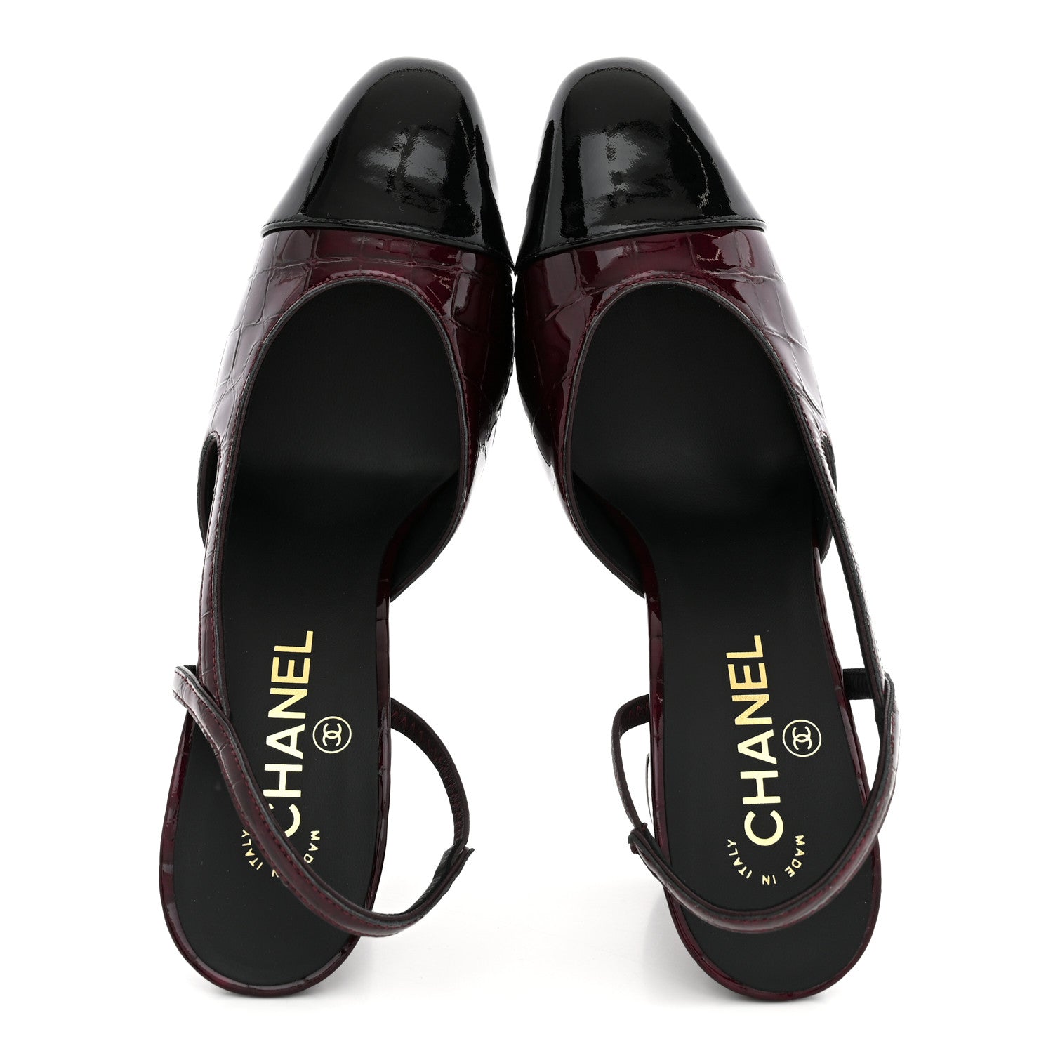 Chanel Patent Calfskin Crocodile Embossed Cap Toe CC Slingback 38 Dark Burgundy Black 2 of 10
