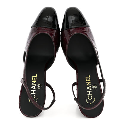 Chanel Patent Calfskin Crocodile Embossed Cap Toe CC Slingback 38 Dark Burgundy Black 2 of 10