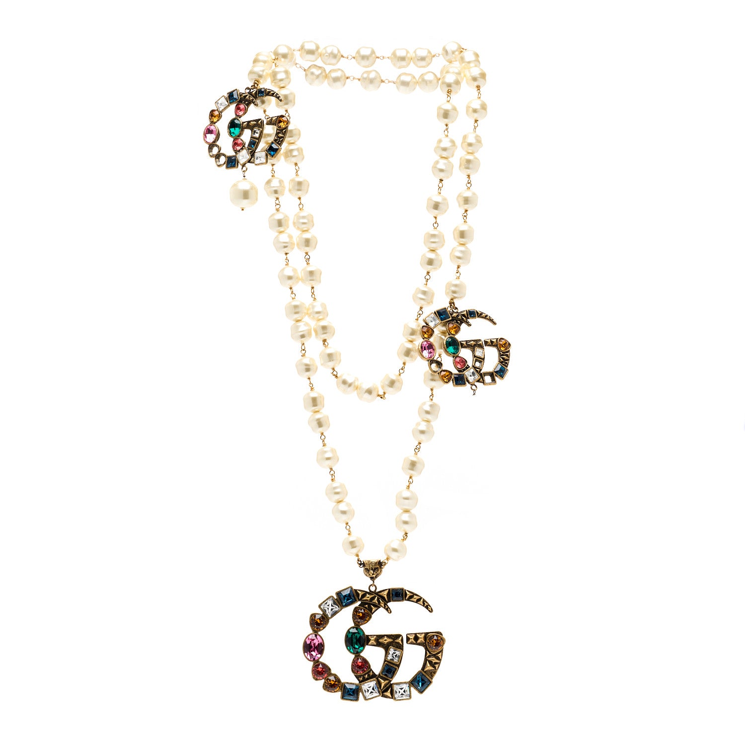 Gucci Crystal Pearl Double G Necklace Aged Gold Multicolor 3 of 6